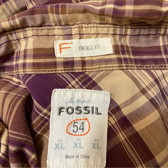 Fossil 54 Mens Vintage Fit Snap Brown Plaid Western Shirt - small hole - Size XL - Picture 3 of 6